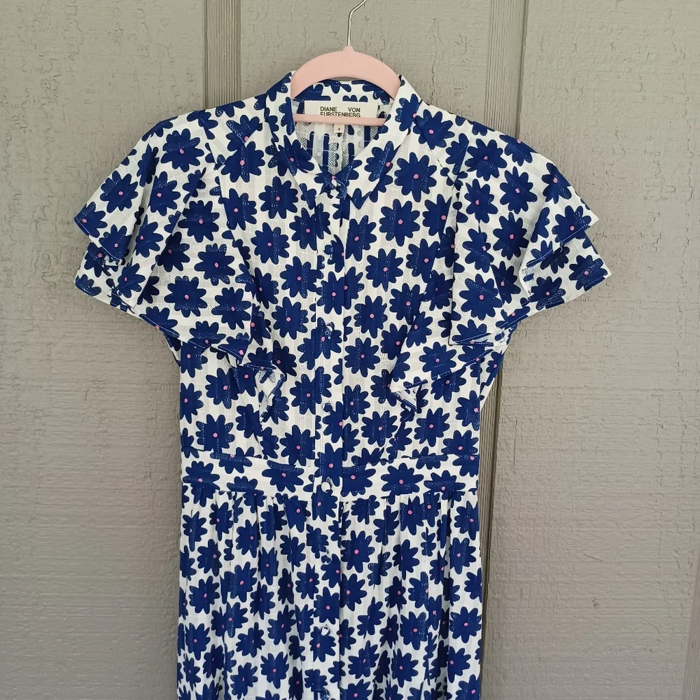 Diane Von Furstenberg Floral Cotton Gauze Mini Shirt Dress Size 4 Women Preppy